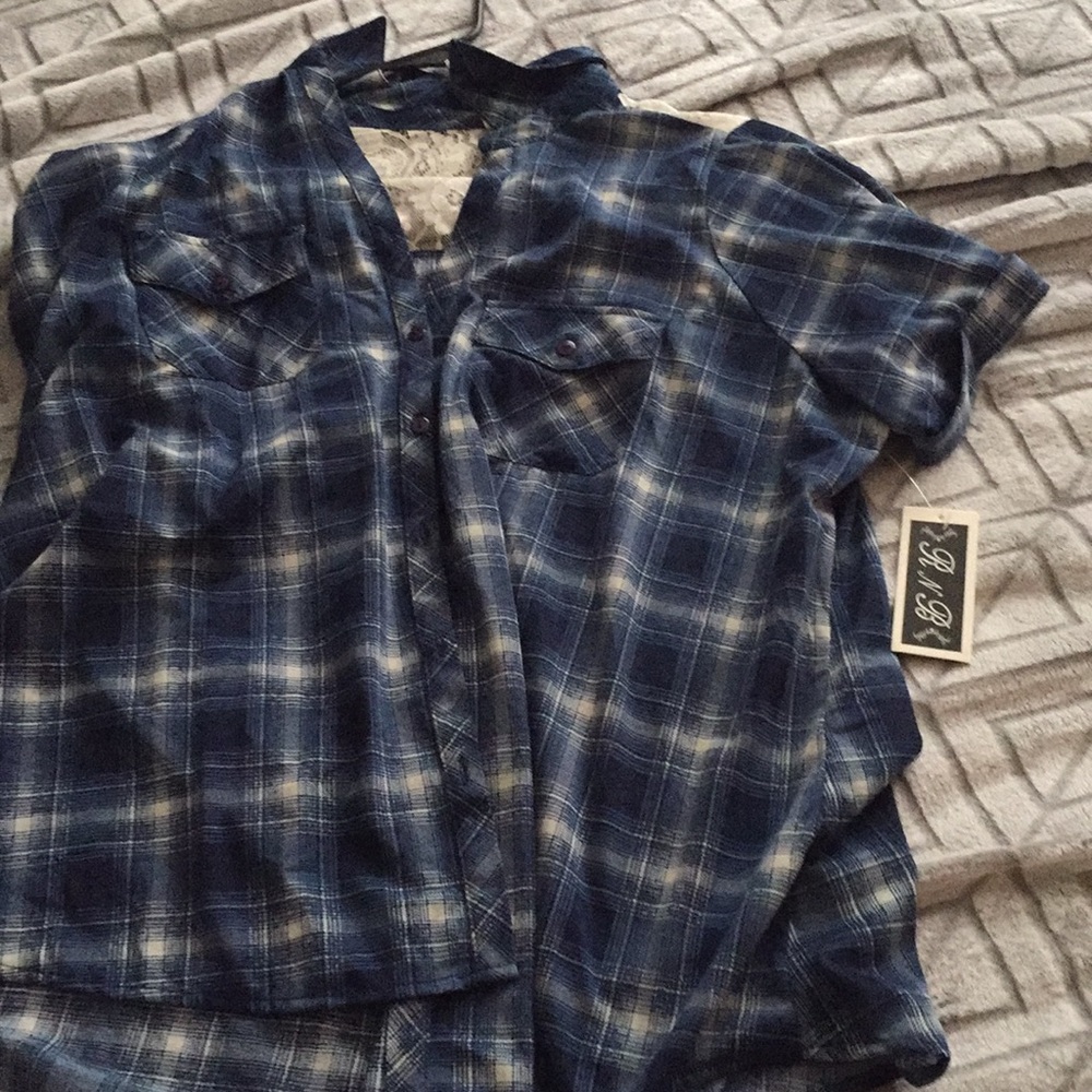 Blue & white button up some lace back